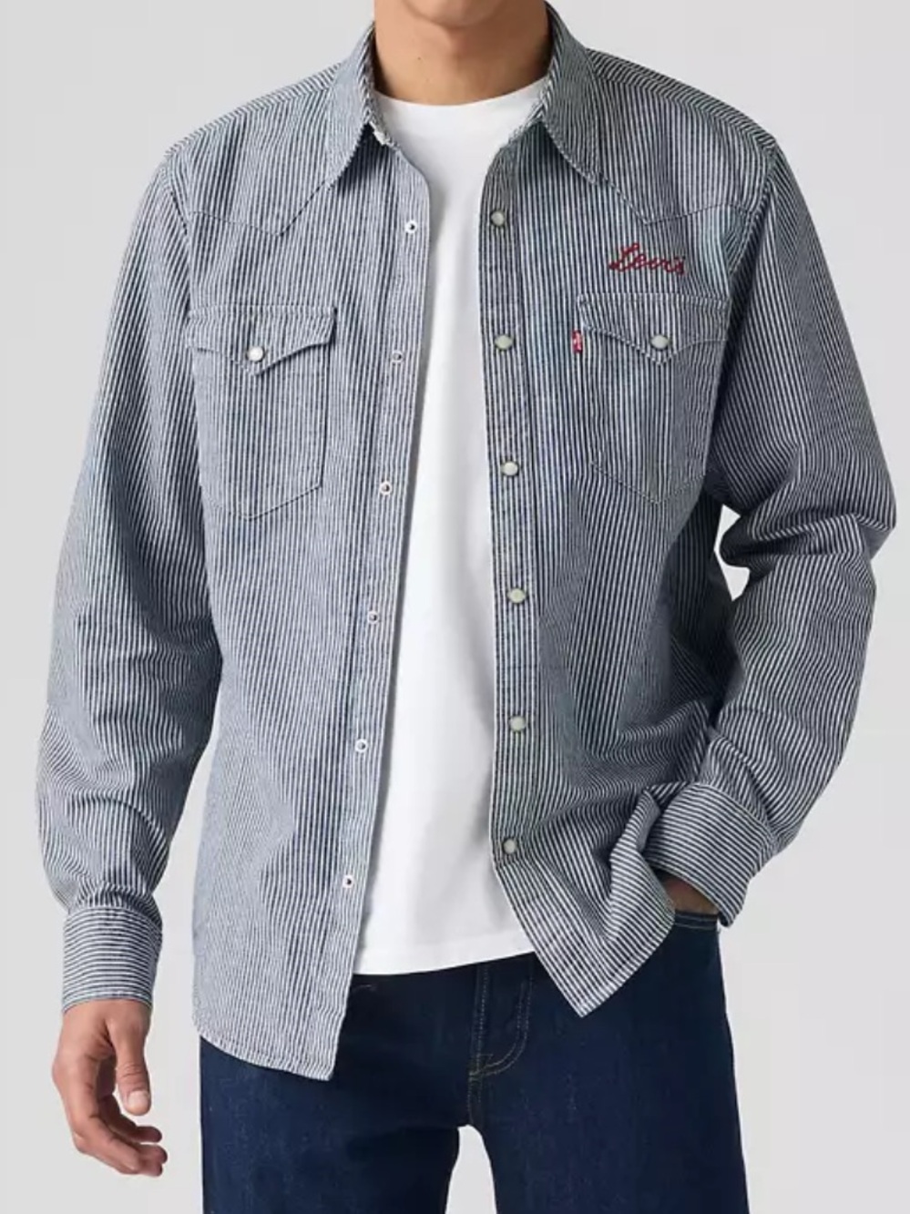 Levi's Cotton Classic Standard Western Blue Denim Striped Button-Down Shirt XL